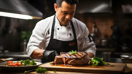  A culinary delight unfolds as a skilled chef prepares a succulent pork chop steak - AI