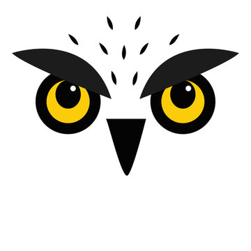 Owl face icon. Bird with big yellow eyes, beak nose, brows, fur. Cute eagle owl. Kawaii cartoon funny character. Forest birds collection. Flat design. White background. Isolated.