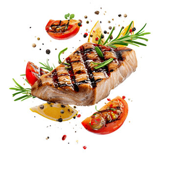 Grilled salmon steak with lemon, tomatoes and rosemary flying in the air, realistic 3d, meat collection, ultra realistic, icon, detailed, angle view food photo, steak composition