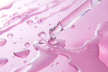 Pipette dropper with pouring silver serum on a pink wet background