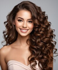 Beauty brunette girl with long shiny curly hair .