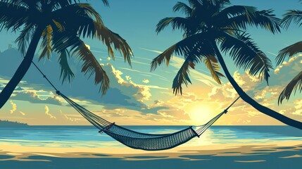 Naklejka premium Caribbean Dreaming': Unwind Beneath Swaying Palms in a Beachfront Hammock
