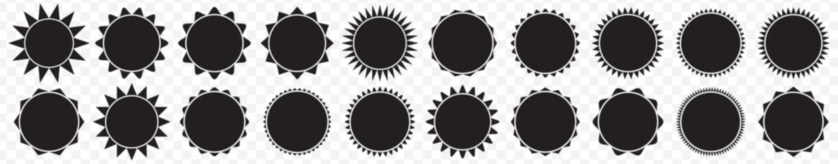 20 Set of black price sticker, sale or discount sticker, sunburst badges icon. Stars shape with different number of rays.Special offer price tag. Black starburst promotional badge set, shopping labels
