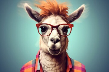 Funny poster. Portrait of anthropomorphic Llama Alpaka in a red glasses, dressed in a shirt - obrazy, fototapety, plakaty