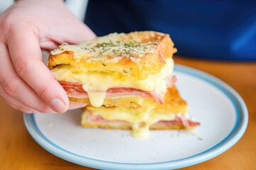 hand holding half-eaten croque monsieur, melted cheese visible
