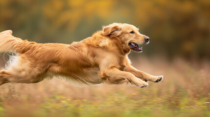 A golden retriever running through a meadow with a developing coat