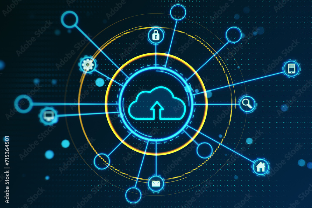 Aufkleber Digital cloud computing concept with connectivity icons on navy blue backdrop. 3D Rendering