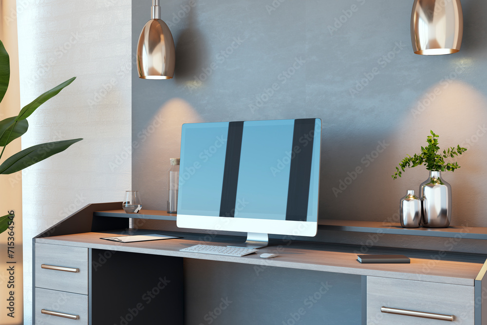 Aufkleber Close up of modern office workplace with computer monitor and reflections. 3D Rendering.