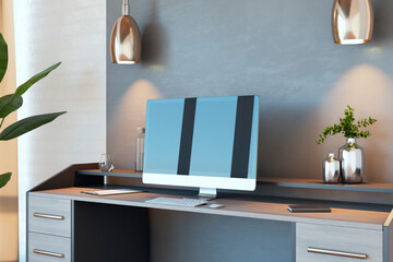 Close up of modern office workplace with computer monitor and reflections. 3D Rendering.