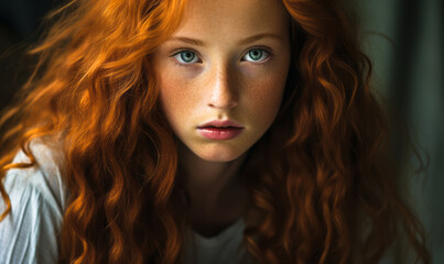 Captivating portrait of a young girl with vibrant red curly hair and delicate freckles, her green eyes gazing with an ethereal intensity