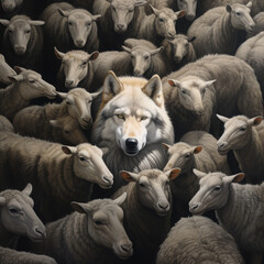 Obraz premium Lone Wolf Among Sheep in Wildlife Encounter.