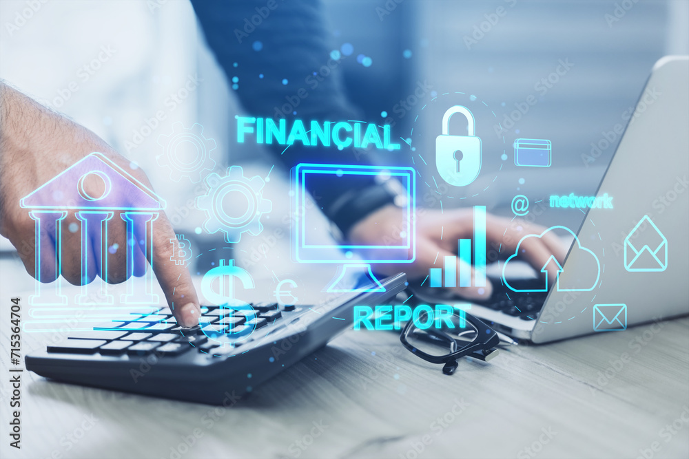 Poster close up of male hands using laptop and calculator at desk with creative financial banking interface