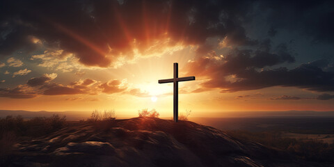 Fototapeta na wymiar Resurrection Radiance: Cross in Sunrise Glory Background