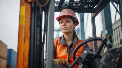 Female foreman driving forklift at shipping container yard, Industrial engineer woman drives reach stacker truck to lift cargo box at logistic terminal dock.