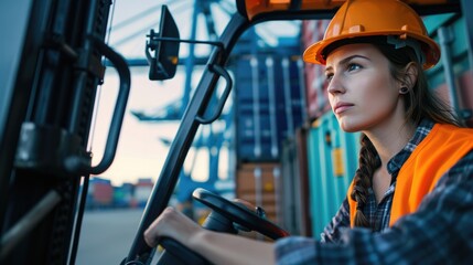 Female foreman driving forklift at shipping container yard, Industrial engineer woman drives reach stacker truck to lift cargo box at logistic terminal dock. - obrazy, fototapety, plakaty