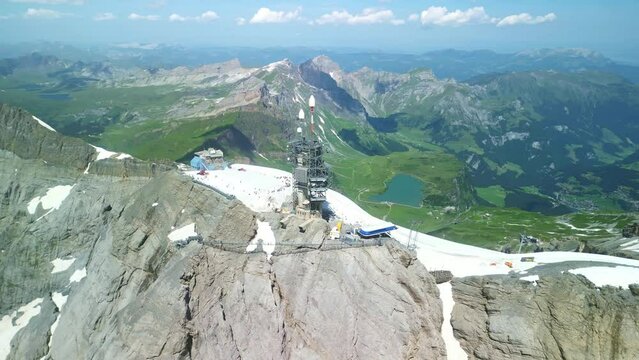 Drone Switzerland 4k. Titlis summit, mountain peak of Uri Alps. popular ski resort and day trip destination from Lucerne.