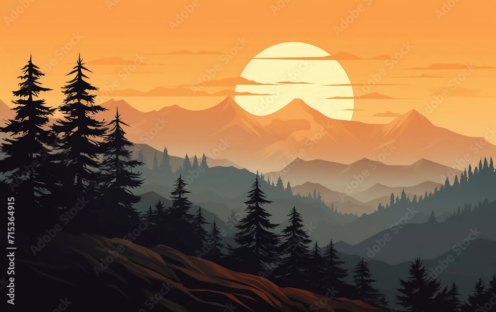 Wall mural vector Landscape illustration, sunset scene in nature with mountains and forest, beautiful view

