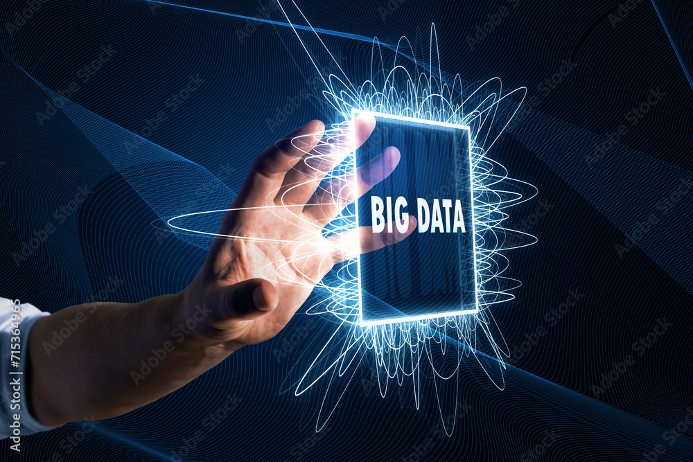 Poster Futuristic interaction with a big data concept, virtual holographic display touched by a hand. Cyber technology