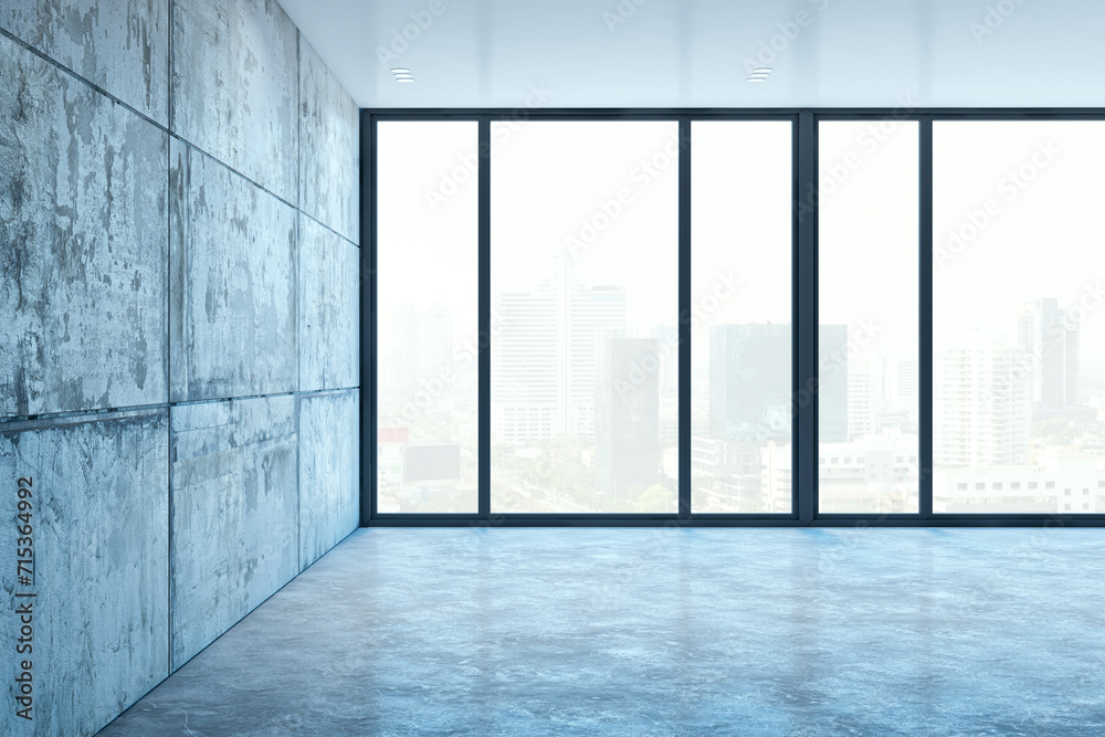 Poster Empty clean spacious concrete interior with panoramic window. 3D Rendering.