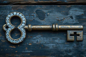 An old designer key with a lock decoration lies on a wooden background