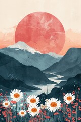 Minimalist abstract colorful clipart print set with mountains, sun, daisies. Softly organic simple lined bold shaped charming tiny core print vector style. Great as web banner, poster design.