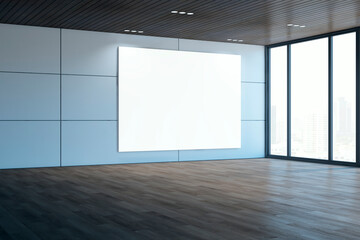 Clean modern spacious concrete interior with panoramic window, wooden flooring and white mock up banner. 3D Rendering.