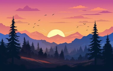 vector Landscape illustration, sunset scene in nature with mountains and forest, beautiful view

