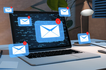 Laptop on home office desk with email notifications, forex background, evening setting. 3D Rendering