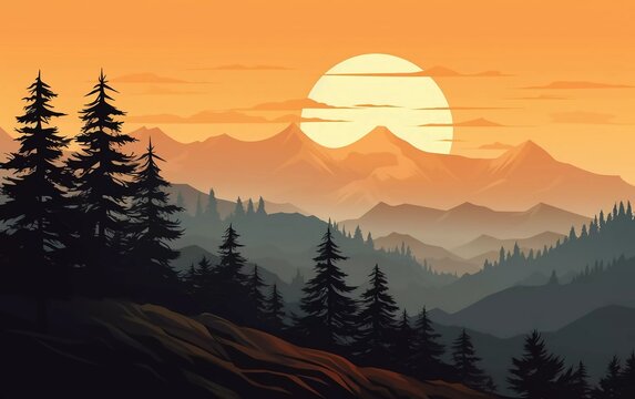 vector Landscape illustration, sunset scene in nature with mountains and forest, beautiful view

