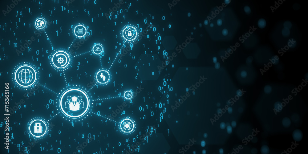 Aufkleber Creative connected digital business interface with various icons and binary code on blurry backdrop. Software development, app, global business and ai concept. 3D Rendering.