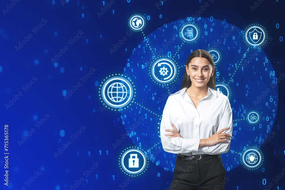 Poster attractive happy businesswoman with folded arms and connected digital business interface with variou