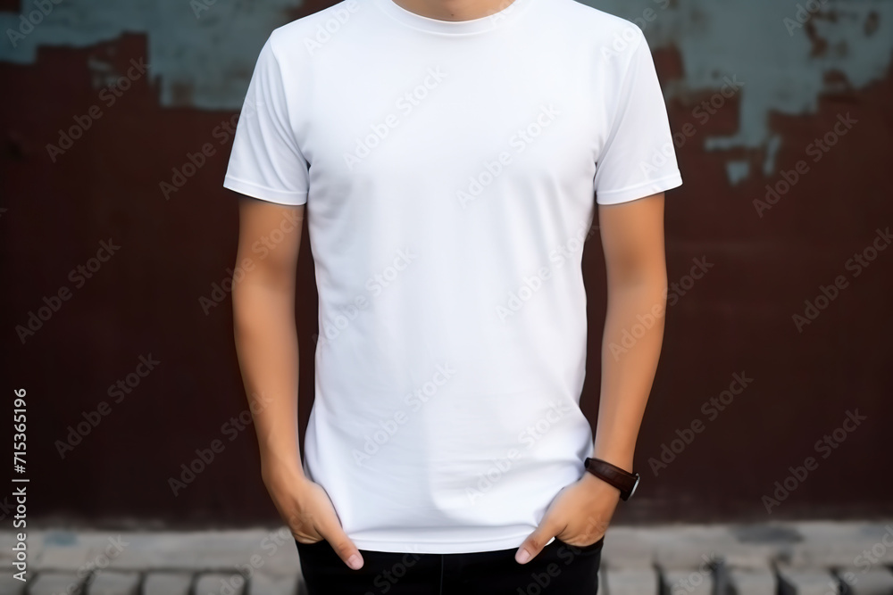 Wall mural Man in white blank t-shirt standing on city street. Mock-up t-shirt.