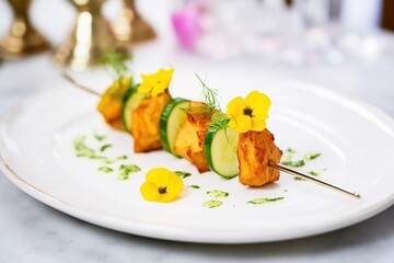 single chicken tikka skewer on a bed of sliced cucumbers