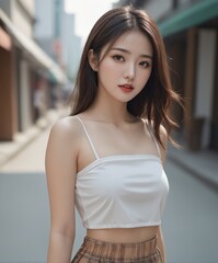 a beautiful korean woman with sultry honey eyes and brown hair, wearing plaid pleat shorts and drawstring shirred tube top