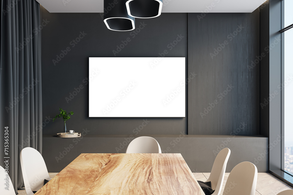Poster modern wooden and dark concrete meeting room interior with window and city view, curtains and empty 