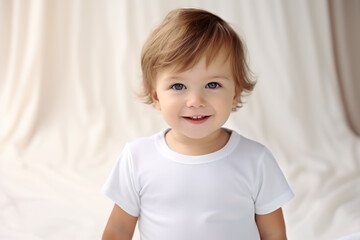 Fototapeta premium Portrait of a cute little boy in a white t-shirt.