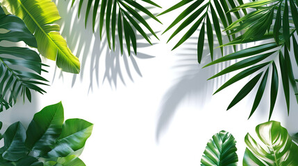 White background with tropical palm leaves.