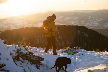 Hiker in a wintry mountain landscape