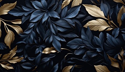 Black and gold foliage background with gold leaves, luxury 3d background template