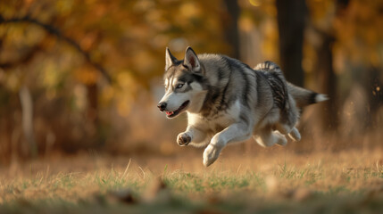Running husky dog, wolf across the meadow
