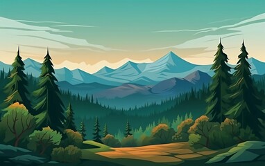 Illustration of a beautiful natural mountain forest landscape background