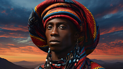 Close-up of an authentic portrait of an African man in close-up in a colored headdress - obrazy, fototapety, plakaty