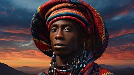 Poster Im Rahmen Close-up of an authentic portrait of an African man in close-up in a colored headdress © CaptainMCity