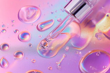 Pipette dropper with pouring silver serum on a holographic pink background