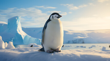 A majestic emperor penguin, with a vast icy landscape as the background, during a harsh Antarctic winter