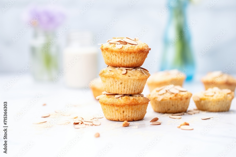 Canvas Prints a stack of almond gluten-free muffins with almonds scattered around - Canvas Prints