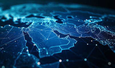 Abstract map of the middle east, concept of global network and connectivity of the middle east, data transfer and cyber technology, information exchange and telecommunications