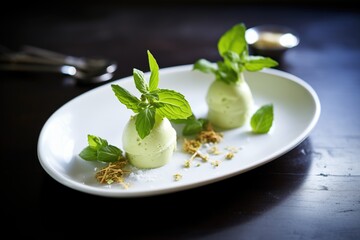 green tea ice cream scoops with mint leaves - obrazy, fototapety, plakaty
