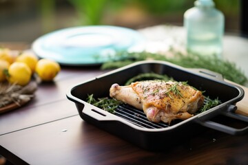 chicken on a cast iron grill pan with thyme