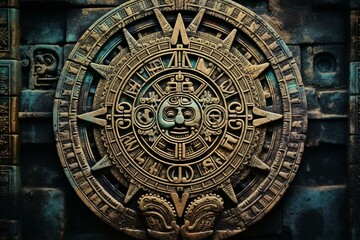 Fototapeta na wymiar Aged Mayan calendar on worn stone. Generative AI
